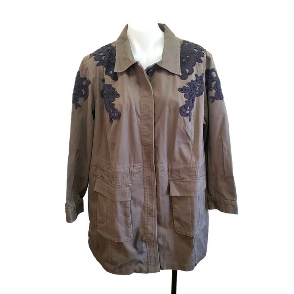 Halogen Floral Laced Embroidered Military Utility Cargo Jacket 2X Olive Green - Picture 2 of 13